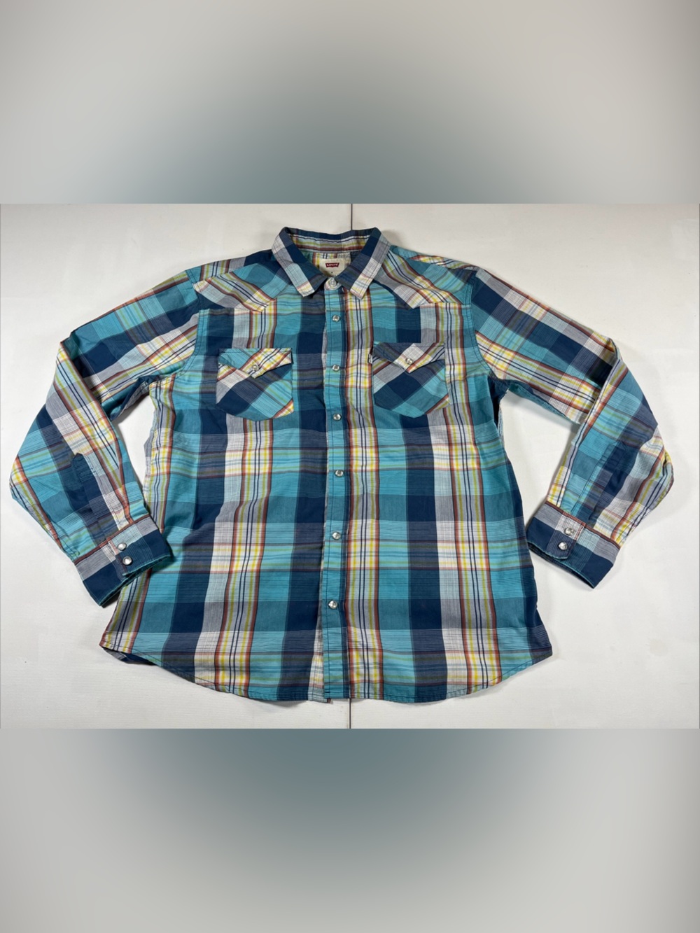Levis Western Pearl Snap Plaid Shirt Country Rodeo Blue Pockets Men’s XL